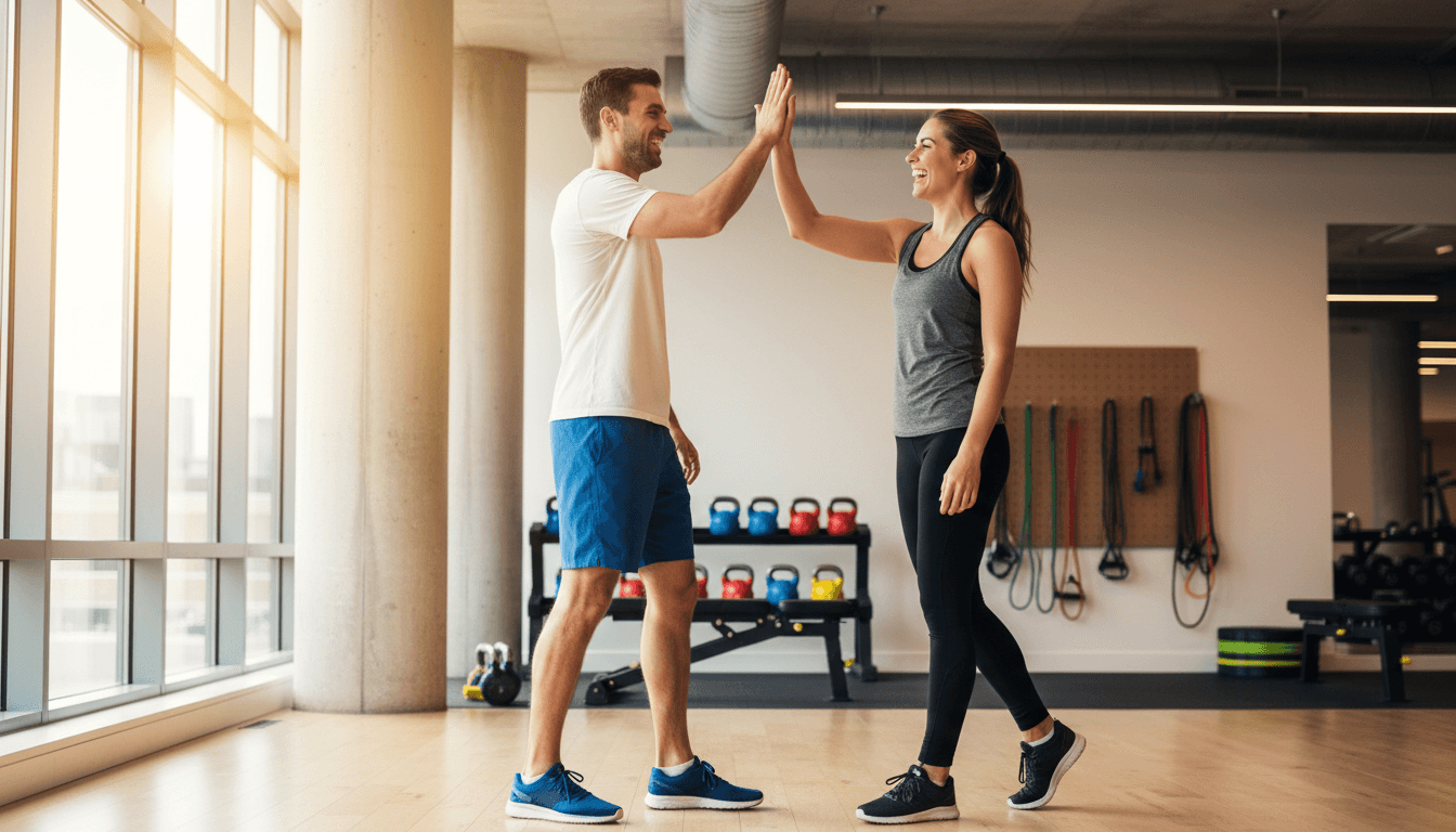 Personal trainer celebrating with a client in a bright modern gym