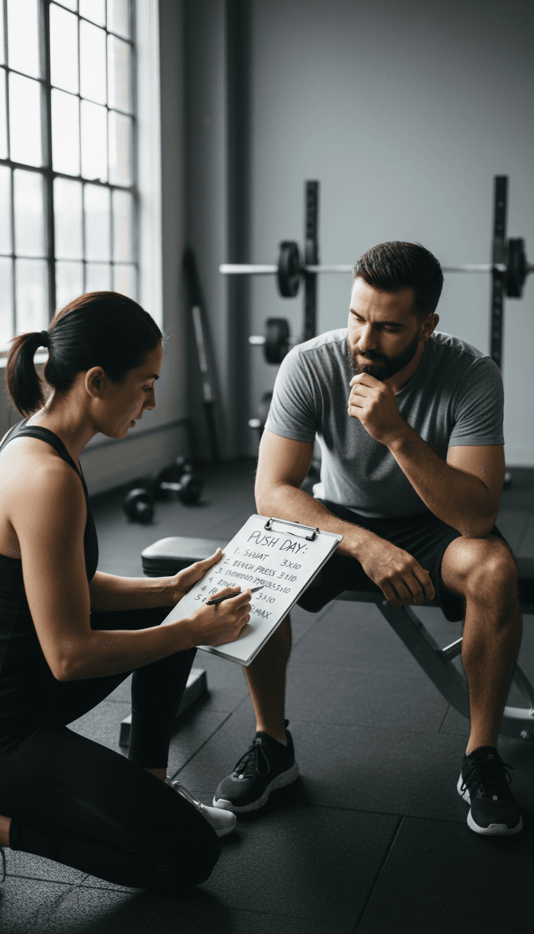 Lagmay Fitness trainer reviewing workout plan with client in Toronto gym