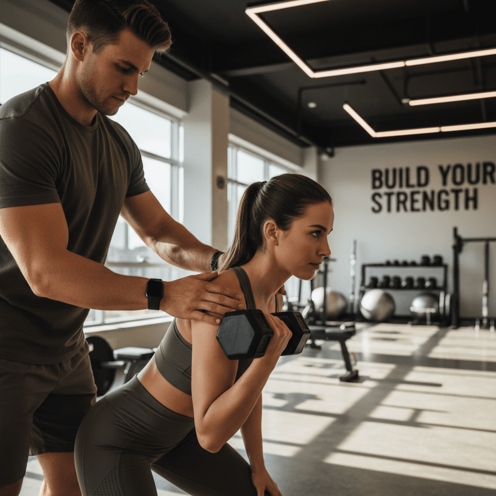 Personal trainer guiding a client through proper form during a session in a Toronto gym
