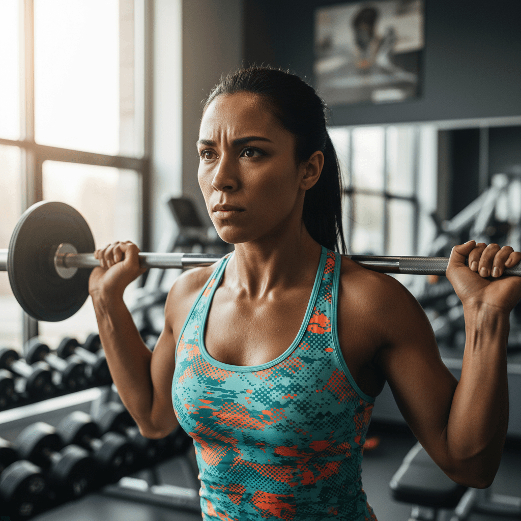 A focused individual training with dumbbells in a bright modern fitness studio