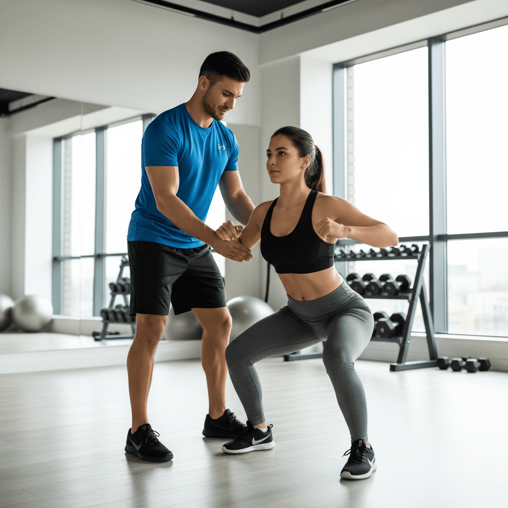 Trainer helping beginner with squat form