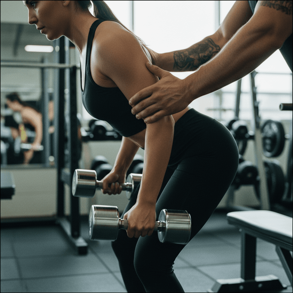 Personal trainer demonstrating a dumbbell row beside a client in a bright Toronto gym