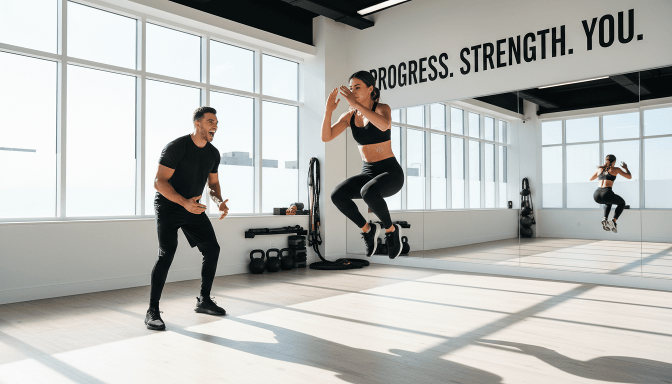 Personal trainer and client sharing a celebratory high-five in a bright gym